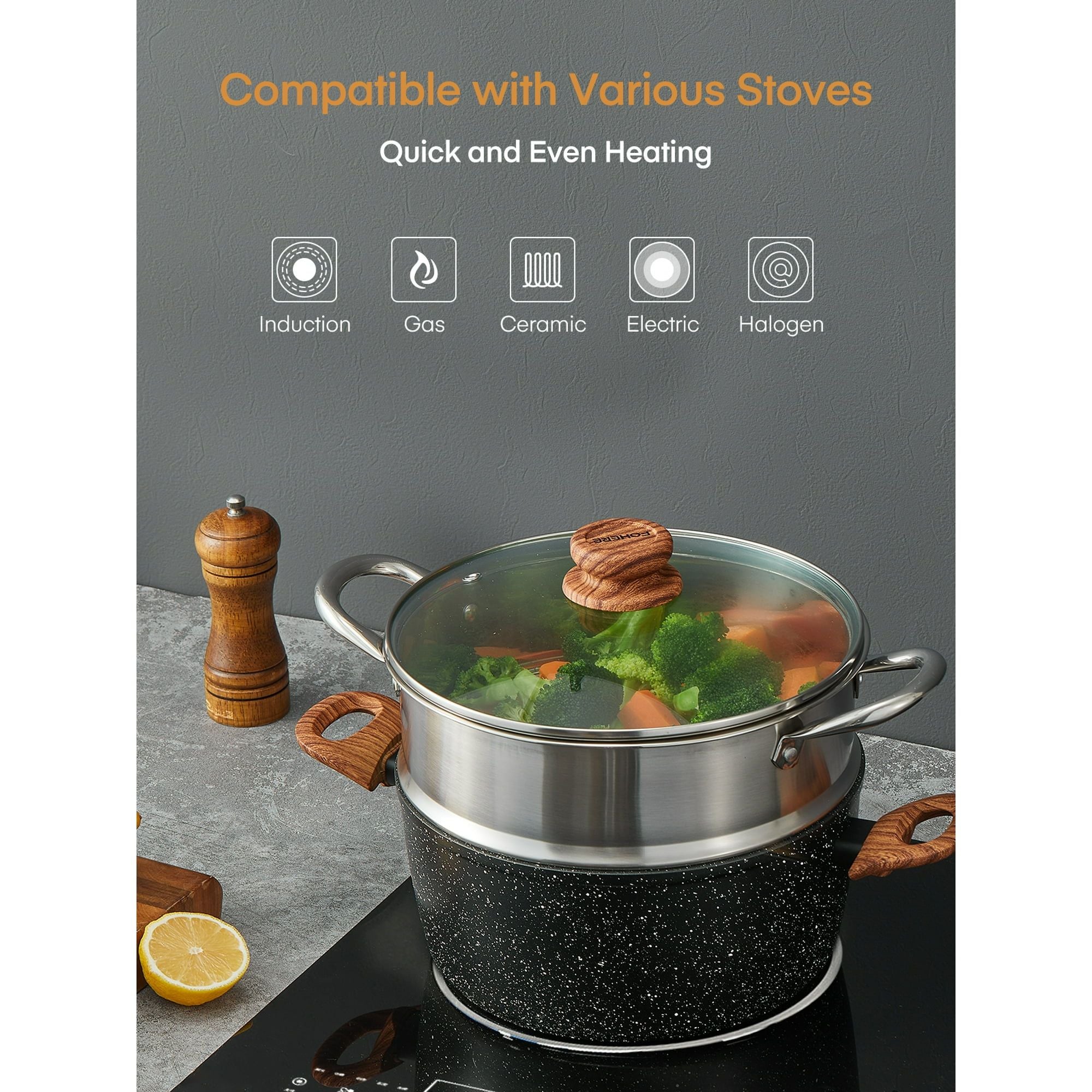15-Piece Nonstick Cookware Set – Pots, Pans, Lids & Steamer