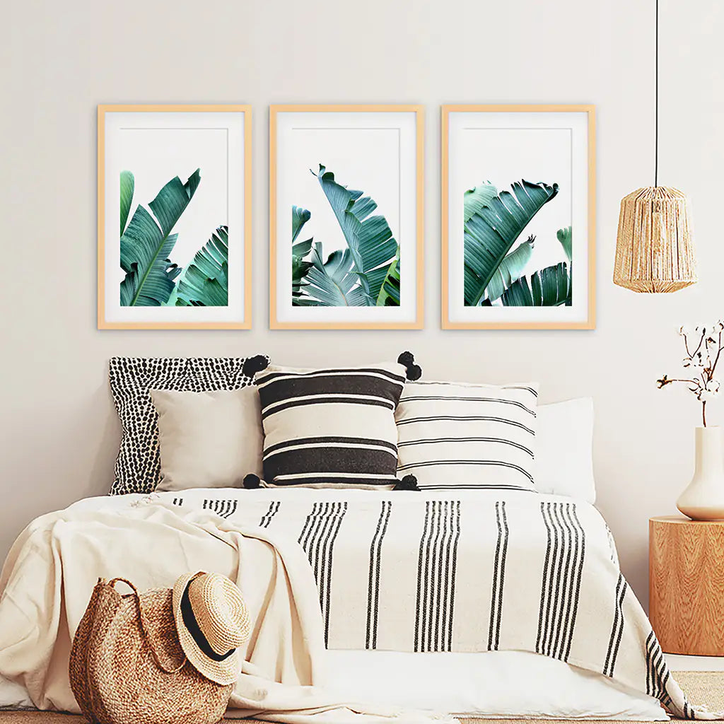 Green Banana Leaves 3 Piece Set. Tropical Wall Art